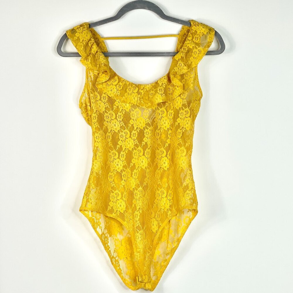 Bleuh Ciel Lace Bodysuit Yellow Sz M Floral Pattern Ruffle Neckline/Arm Openings
